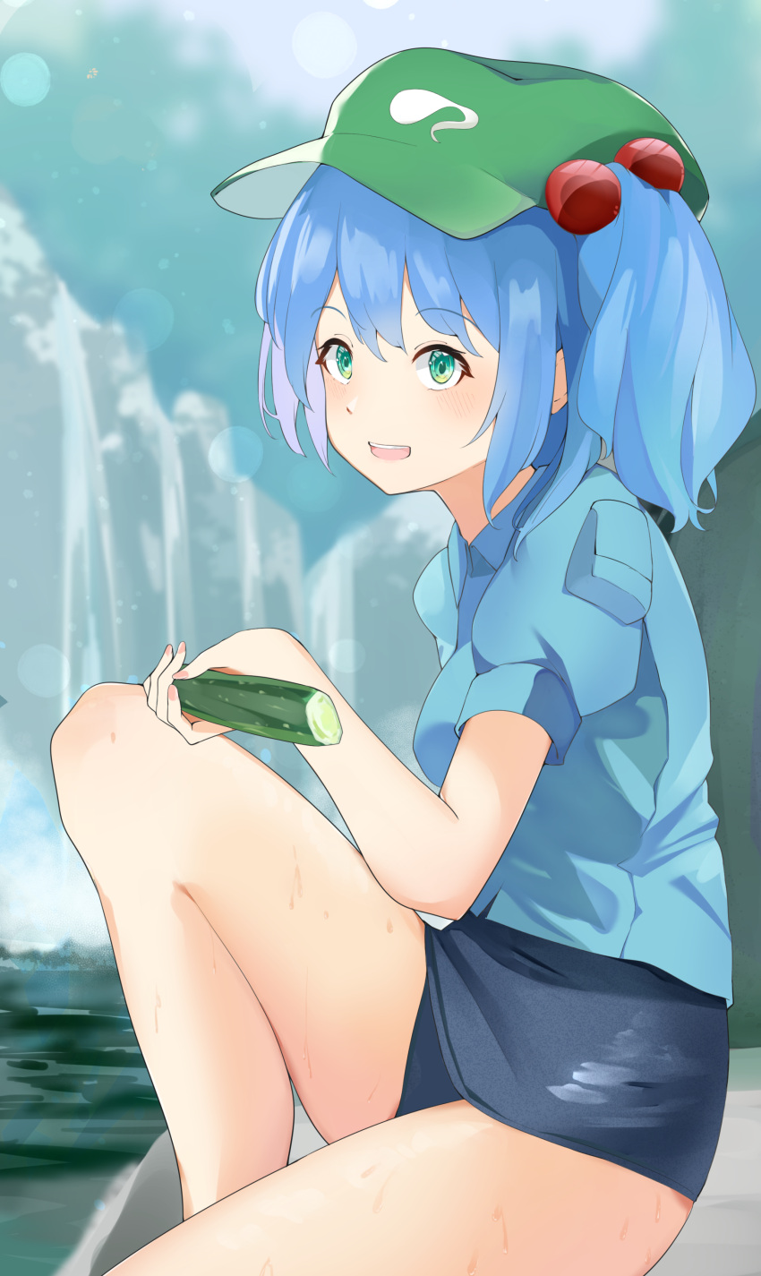 1girl 258n absurdres bangs bare_legs blue_shirt blue_sky blurry blurry_background blush breasts collared_shirt cucumber eyebrows_visible_through_hair fingernails food green_eyes green_headwear grey_swimsuit hair_between_eyes hair_bobbles hair_ornament hand_up hat highres kawashiro_nitori long_fingernails looking_away medium_breasts open_mouth pink_nails pocket puffy_short_sleeves puffy_sleeves river shirt short_hair short_sleeves short_twintails sitting sky smile solo swimsuit teeth tongue touhou twintails vegetable water waterfall