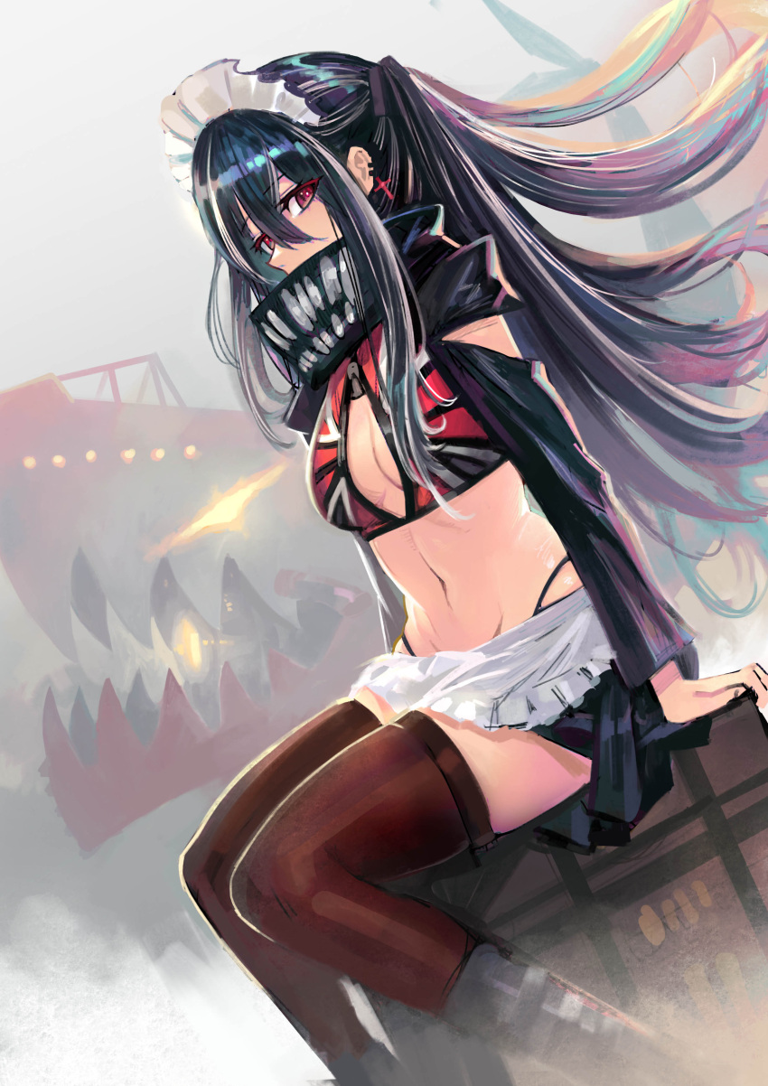 1girl absurdres apron azur_lane black_hair breasts brown_legwear center_opening covered_mouth cross cross_earrings ear_piercing earrings frilled_apron frills from_side hair_between_eyes highres jewelry kaki_z3 long_hair looking_at_viewer maid_headdress medium_breasts multicolored_hair navel official_alternate_costume piercing red_eyes scarf scarf_over_mouth sitting solo streaked_hair thigh-highs two-tone_hair u-47_(azur_lane) u-47_(urban_maid)_(azur_lane) unzipped very_long_hair waist_apron white_apron white_hair zipper_pull_tab