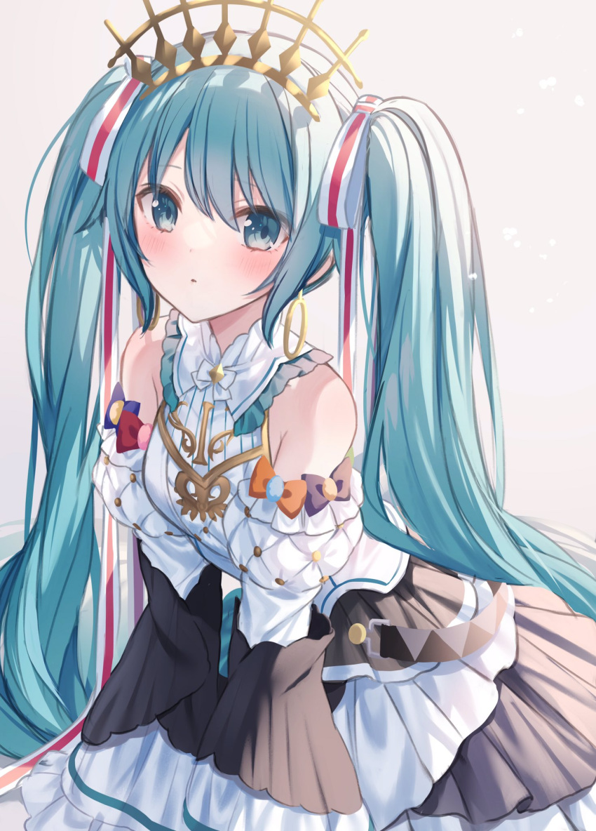 1girl :o aqua_eyes aqua_hair arm_support bare_shoulders blush breasts commentary_request cowboy_shot crown detached_sleeves dot_nose dress frilled_skirt frills hair_ribbon hatsune_miku highres jimmy_madomagi layered_skirt long_hair long_sleeves looking_at_viewer medium_breasts parted_lips puffy_sleeves red_ribbon ribbon simple_background skirt solo striped striped_ribbon vocaloid white_background white_dress white_ribbon