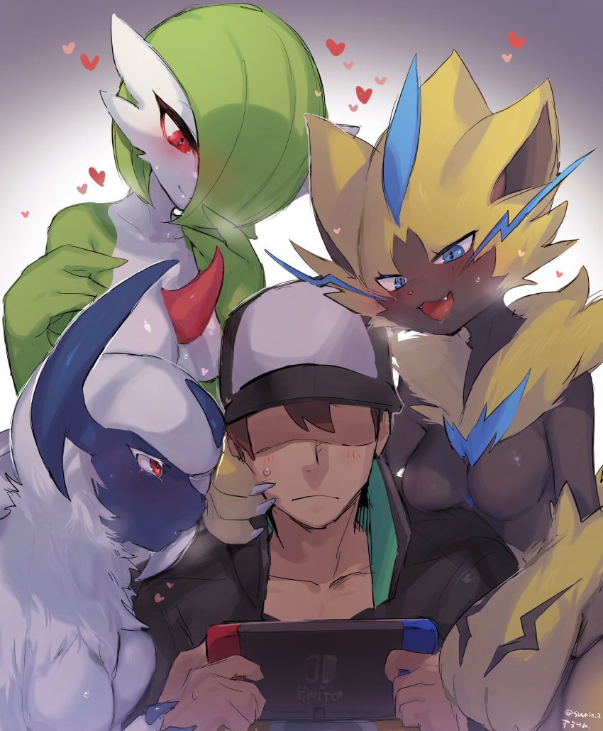 1boy 3girls absol absurdres blue_eyes breasts furry furry_female gardevoir green_hair hair_over_one_eye handheld_game_console harem hat heart highres horns looking_at_another multiple_girls nintendo_switch pokemon red_eyes single_horn smile suurin_(ksyaro) upper_body whiskers zeraora