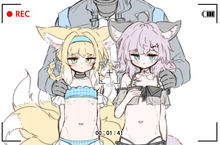 1other 2girls ahoge animal_ear_fluff animal_ears aqua_hairband arknights arms_behind_back bare_shoulders battery_indicator bikini black_bikini black_jacket blonde_hair blue_bikini blue_eyes blush bow camera doctor_(arknights) dot_nose eyebrows_visible_through_hair flat_chest fox_ears fox_girl fox_tail green_eyes grey_hair groin hair_bow hair_ornament hair_rings hairband hairclip hand_on_another's_shoulder hood hood_up hooded_coat hooded_jacket infection_monitor_(arknights) jacket jb_ryshamr looking_at_viewer multiple_girls multiple_tails navel off-shoulder_bikini off_shoulder official_alternate_costume originium_(arknights) oripathy_lesion_(arknights) recording rhodes_island_logo ribs see-through standing sussurro_(arknights) sussurro_(summer_flowers)_(arknights) suzuran_(arknights) swimsuit tail taking_picture thigh_gap viewfinder white_background