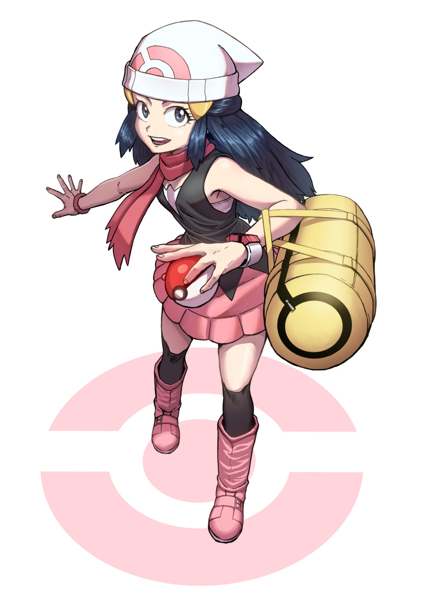 1girl absurdres bag beanie black_hair black_legwear black_shirt boots bracelet commentary_request duffel_bag full_body grey_eyes hair_ornament hairclip hat heydove highres hikari_(pokemon) holding holding_poke_ball jewelry kneehighs long_hair looking_at_viewer open_mouth pink_footwear pink_skirt poke_ball poke_ball_(basic) poke_ball_print poke_ball_symbol pokemon pokemon_(game) pokemon_dppt poketch red_scarf scarf shirt skirt sleeveless sleeveless_shirt smile solo standing teeth tongue watch watch white_background white_headwear yellow_bag