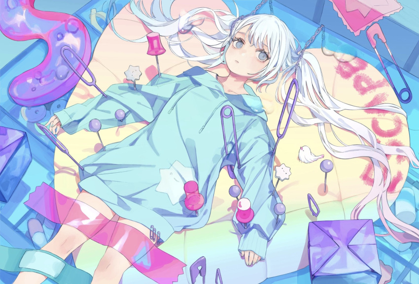 1girl bandages bare_legs beads bird blue_eyes blue_hoodie commentary cushion english_text highres hood hoodie long_hair looking_to_the_side lying on_back original oversized_clothes pinned pushpin safety_pin sewing_pin solo stamp tape taped_down tokiwata_soul twintails unamused white_bird white_hair