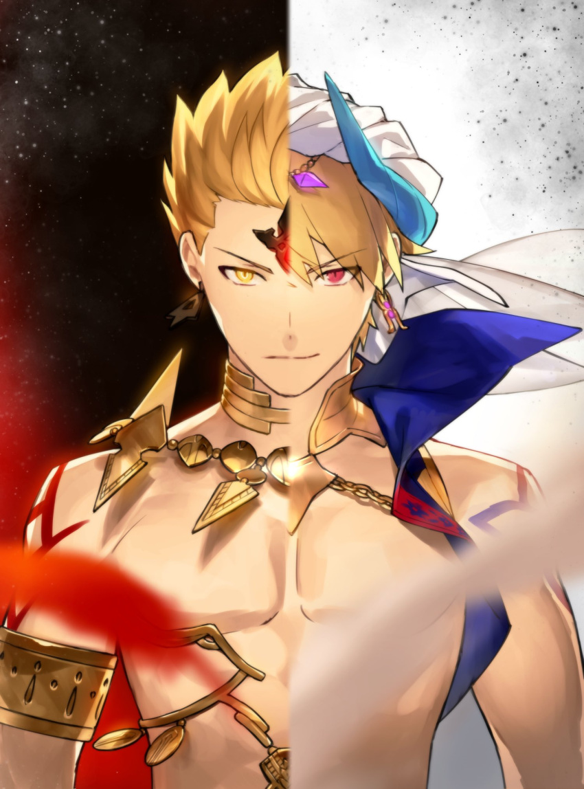 1boy arabian_clothes bangs blonde_hair commentary_request earrings eyebrows_visible_through_hair fate/grand_order fate/stay_night fate/zero fate_(series) gilgamesh_(caster)_(fate) gilgamesh_(fate) ginka_sima hair_between_eyes highres jewelry looking_at_viewer male_focus red_eyes short_hair smile