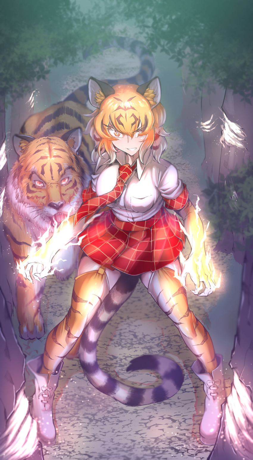1girl absurdres animal_ears animal_print aura boots cross-laced_footwear energy fighting_stance garter_straps gloves glowing glowing_eyes gm_(ggommu) highres kemono_friends lace-up_boots necktie plaid_necktie plaid_sleeves plaid_trim print_gloves tail thigh-highs tiger tiger_(kemono_friends) tiger_ears tiger_girl tiger_print tiger_tail