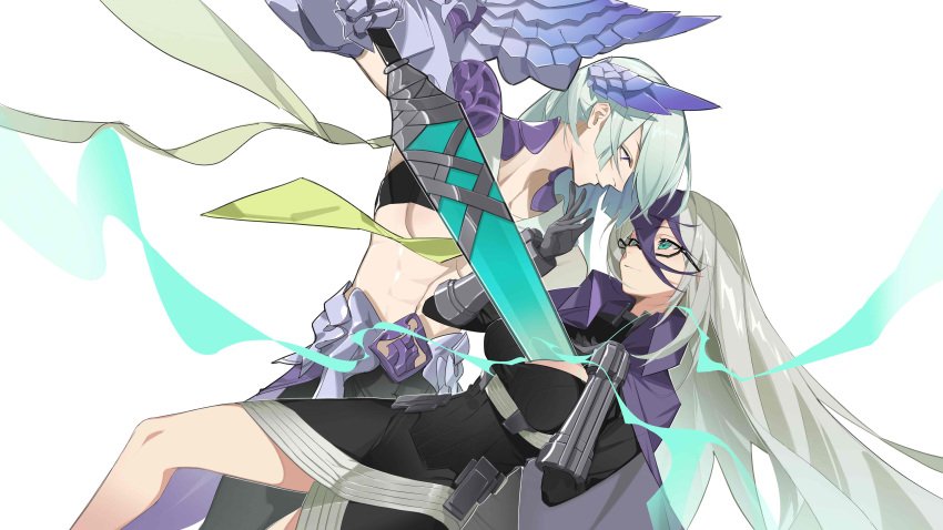 1boy 1girl abs absurdres aqua_hair bangs black-framed_eyewear black_dress black_pants breasts brynhildr_(fate) cape cleavage_cutout closed_mouth clothing_cutout collared_cape dress fate/grand_order fate_(series) gauntlets genderswap genderswap_(ftm) genderswap_(mtf) glasses gloves gram_(fate) grey_gloves grey_hair hair_between_eyes hand_on_own_chest highres hip_armor holding holding_sword holding_weapon human_scabbard large_breasts long_hair long_sleeves looking_at_another multicolored_hair pants plackart purple_cape purple_hair sigurd_(fate) simple_background stab streaked_hair sword vambraces very_long_hair violet_eyes weapon white_background wing_hair_ornament xianyu_liang