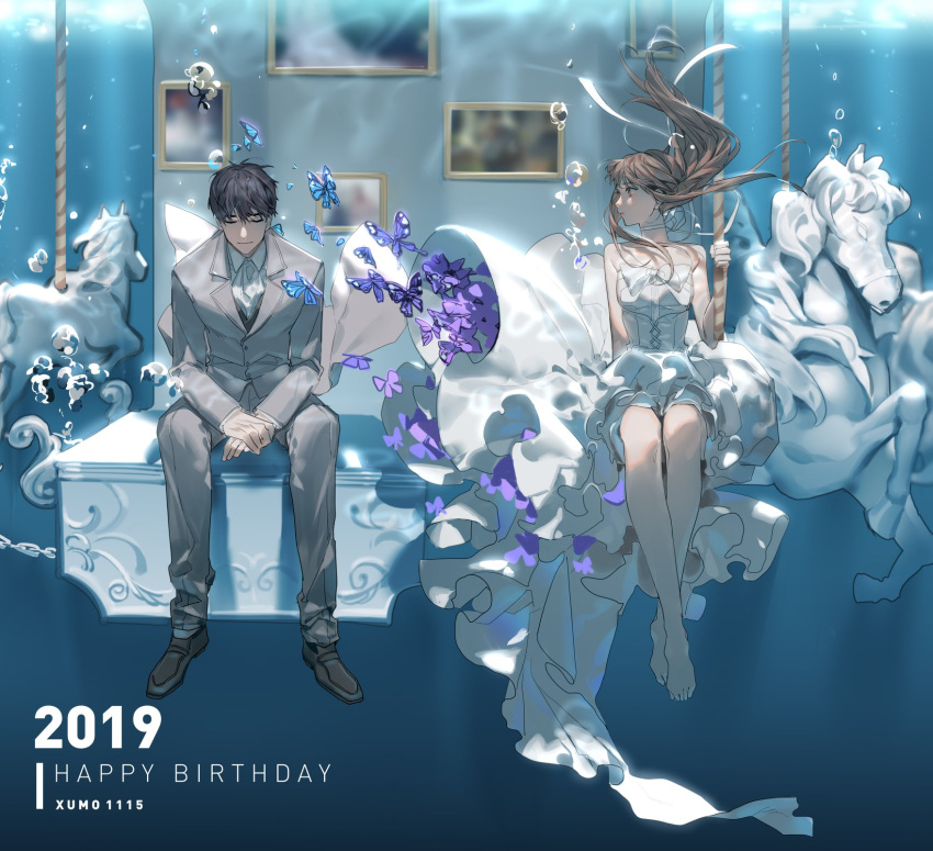 1boy 1girl 2019 air_bubble bare_legs barefoot black_footwear black_hair blue_butterfly brown_hair bubble bug butterfly carousel character_request choker closed_eyes closed_mouth collared_shirt dress full_body grey_jacket grey_pants happy_birthday highres jacket koi_to_producer:_evol_x_love long_hair looking_at_another pants profile purple_butterfly shirt short_hair strapless strapless_dress suit_jacket tefco underwater watashi_(koi_to_producer) white_choker white_dress white_shirt
