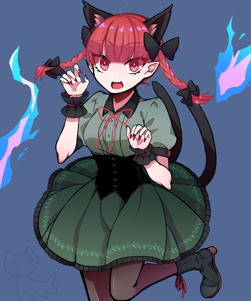 1girl :d absurdres adapted_costume animal_ear_fluff animal_ears bangs black_bow black_legwear blue_background blue_fire blunt_bangs bow cat_ears cat_tail claw_pose corset dress extra_ears eyebrows_visible_through_hair eyes_visible_through_hair fang fingernails fire foot_out_of_frame green_dress hair_bow hair_ribbon highres hitodama kaenbyou_rin kohaku_(amber_frag) long_fingernails long_hair looking_at_viewer multiple_tails nail_polish nekomata pantyhose pointy_ears puffy_short_sleeves puffy_sleeves red_eyes red_nails red_ribbon redhead ribbon short_sleeves skin_fang smile solo standing standing_on_one_leg tail touhou tress_ribbon twintails two_tails wing_collar wrist_cuffs