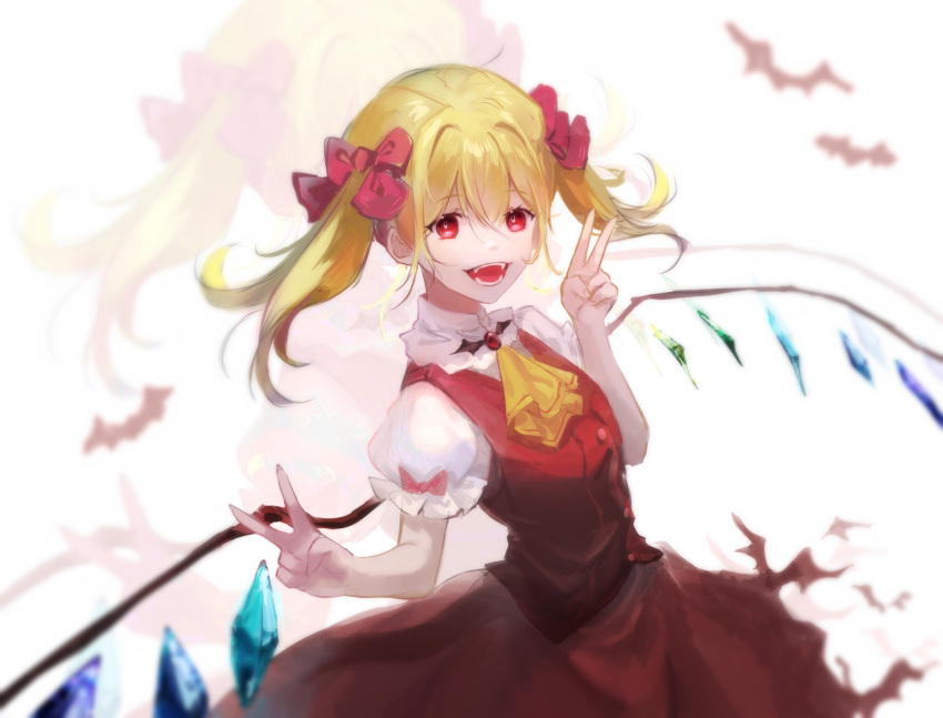 1girl :d alternate_hairstyle ascot bangs bat blonde_hair blurry blurry_background breasts brooch crystal depth_of_field double_v fangs flandre_scarlet hair_between_eyes happy highres jewelry long_hair looking_at_viewer no_hat no_headwear puffy_short_sleeves puffy_sleeves red_eyes red_skirt red_vest repya9 short_sleeves skirt small_breasts smile solo teeth touhou twintails v vest wings yellow_ascot zoom_layer