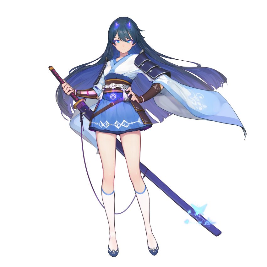 1girl absurdres armor blue_eyes blue_hair closed_mouth floating_hair gorgeous_mushroom hand_on_hip highres holding holding_sword holding_weapon illusion_connect japanese_clothes looking_at_viewer official_art saya_(illusion_connect) shoes shoulder_armor simple_background skirt socks solo standing sword third-party_source transparent_background weapon wide_sleeves