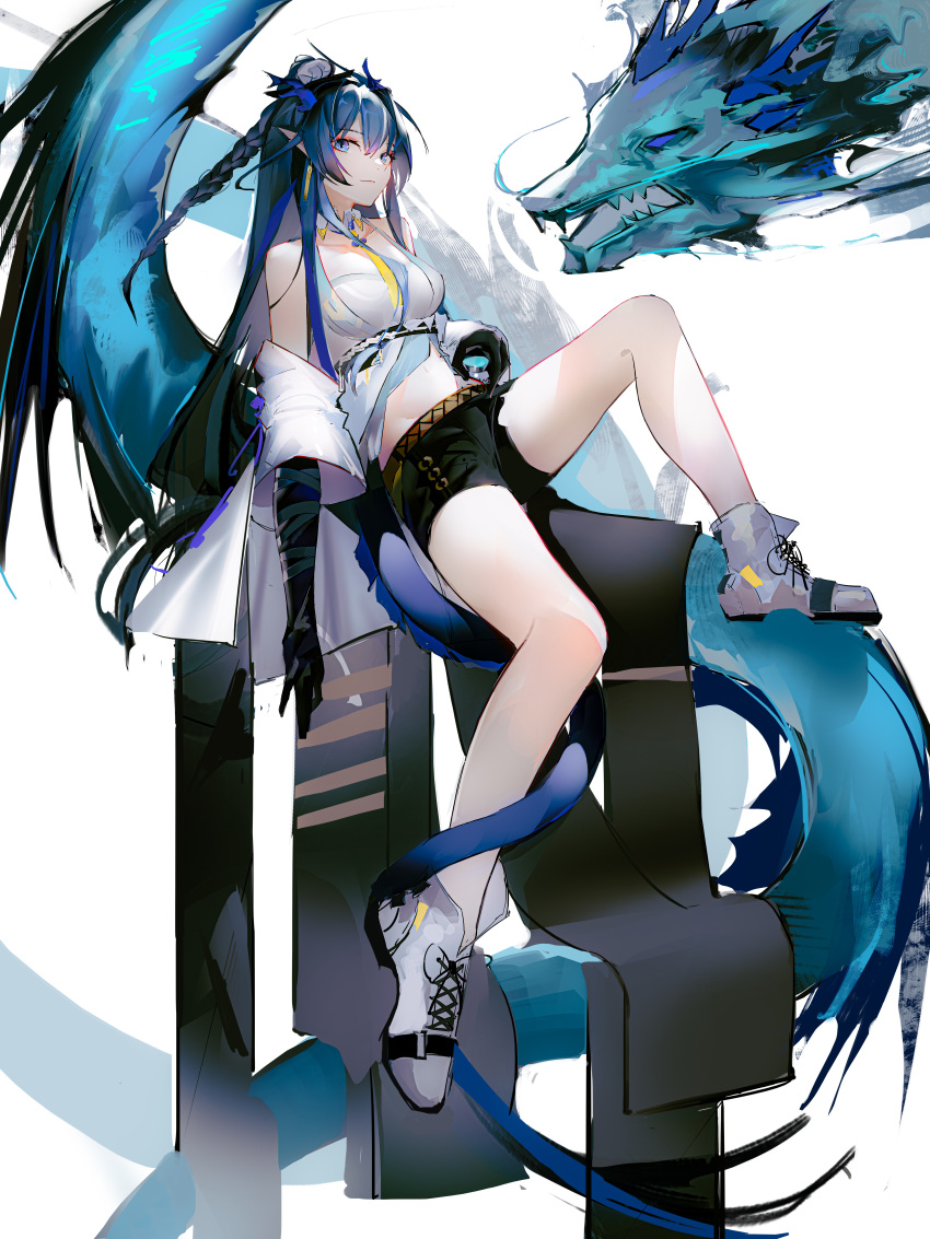1girl absurdres ankle_ribbon arknights bangs bare_legs bare_shoulders black_legwear black_shorts blue_eyes blue_hair braid breasts closed_mouth coat cup dragon dragon_girl dragon_horns dragon_tail earrings elbow_gloves eyebrows_visible_through_hair eyeshadow full_body gloves highres holding holding_cup horns jewelry large_breasts ling_(arknights) long_hair long_sleeves looking_at_viewer mackia makeup necktie off_shoulder open_clothes open_coat pointy_ears ribbon shirt short_shorts shorts simple_background sitting smile solo tail underbust very_long_hair white_background white_coat white_footwear white_shirt yellow_necktie