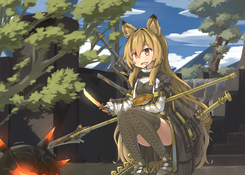 1girl absurdres animal_ear_fluff animal_ears arknights bangs black_dress black_footwear black_legwear ceobe_(arknights) collared_dress day dress eyebrows_visible_through_hair fang full_body hair_between_eyes highres hinbackc holding holding_knife holding_polearm holding_weapon knife light_brown_hair long_hair long_sleeves medium_dress multicolored_clothes multicolored_dress outdoors parted_lips polearm red_eyes saliva scenery shoes skin_fang solo squatting sword sword_behind_back tail tail_raised thigh-highs very_long_hair weapon white_dress