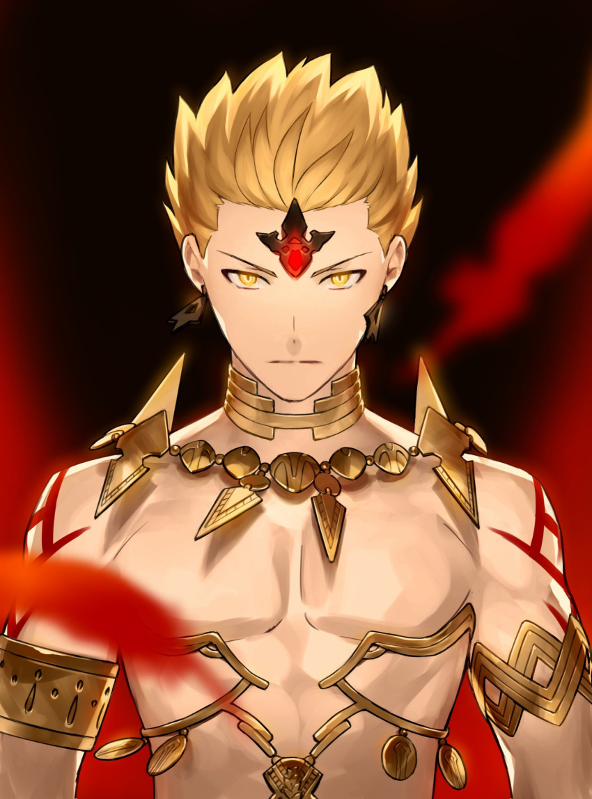 1boy armlet blonde_hair commentary_request earrings fate/grand_order fate/grand_order_arcade fate_(series) feet_out_of_frame gilgamesh_(fate) ginka_sima highres jewelry male_focus nebuchadenezzar_(fate) necklace official_alternate_costume red_eyes revealing_clothes short_hair solo toned
