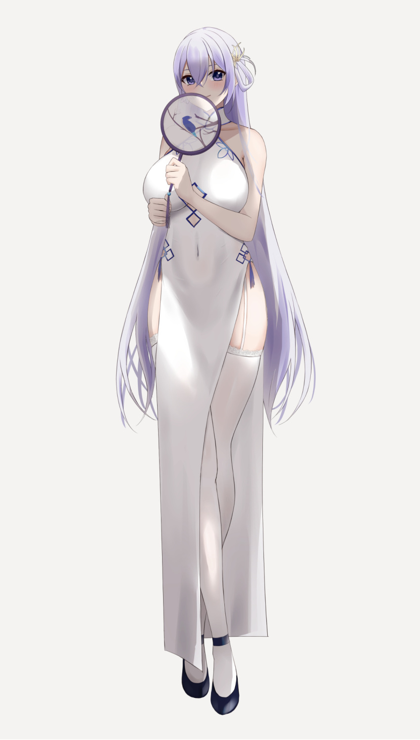 1girl akagi_koku alternate_costume azur_lane bare_shoulders black_footwear breasts china_dress chinese_clothes covered_navel crossed_legs cutout_above_navel dress full_body grey_background hair_between_eyes hand_fan highres holding holding_fan large_breasts long_hair looking_at_viewer pelvic_curtain purple_hair rodney_(azur_lane) shoes side_slit simple_background sleeveless sleeveless_dress standing thigh-highs very_long_hair violet_eyes white_dress white_garter_straps white_legwear