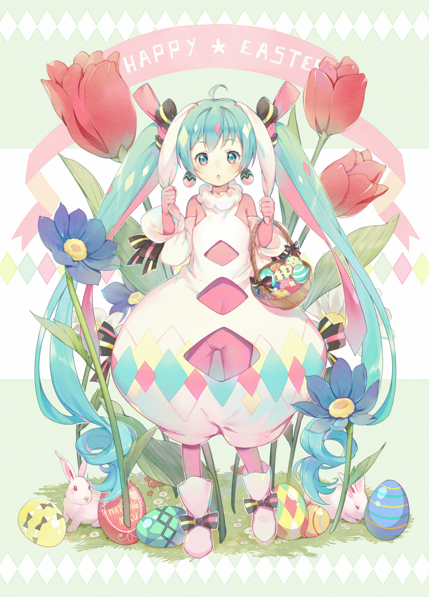1girl :o albino alternate_costume animal_ears aqua_eyes aqua_hair argyle argyle_cutout banner basket blue_flower blush bodysuit bow carrying character_name clothing_cutout commentary_request covered_navel crotch_cutout curly_hair cutout_above_navel daisy detached_sleeves diamond_(shape) earrings easter easter_egg easter_miku egg egg_earrings ekita_kuro english_text eyebrows_visible_through_hair flower footwear_bow full_body grabbing grass hair_bow happy_easter hatsune_miku highres holding_ears jewelry leaf leg_up long_hair multicolored_eyes multicolored_hair mushroom navel_cutout open_mouth oversized_object pink_bodysuit pink_bow pink_flower puffy_pants rabbit rabbit_ears red_flower revision ribbon-trimmed_sleeves ribbon_trim shoes solo striped striped_bow tulip twintails unitard very_long_hair vocaloid white_flower white_footwear white_sleeves