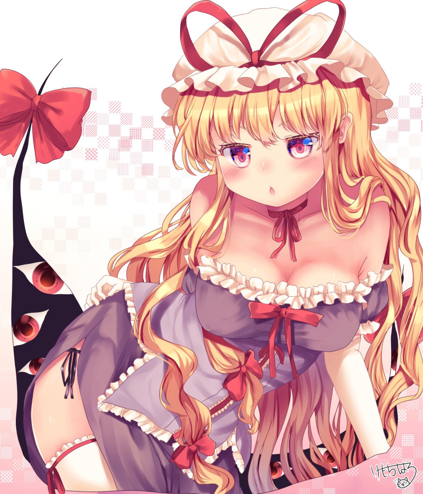 1girl alternate_costume armpit_crease bangs bare_shoulders blonde_hair blush bow breasts chestnut_mouth choker collarbone commentary_request dress dress_bow elbow_gloves eyelashes frilled_dress frills gap_(touhou) gloves hair_ribbon hand_on_hip highres kemo_chiharu lace-trimmed_legwear lace_trim long_hair looking_at_viewer medium_breasts open_mouth panties parted_lips purple_dress red_bow red_choker red_ribbon ribbon ribbon-trimmed_legwear ribbon_choker ribbon_trim side-tie_panties side_slit sidelocks signature solo thigh-highs touhou tress_ribbon underwear very_long_hair violet_eyes white_gloves white_legwear yakumo_yukari