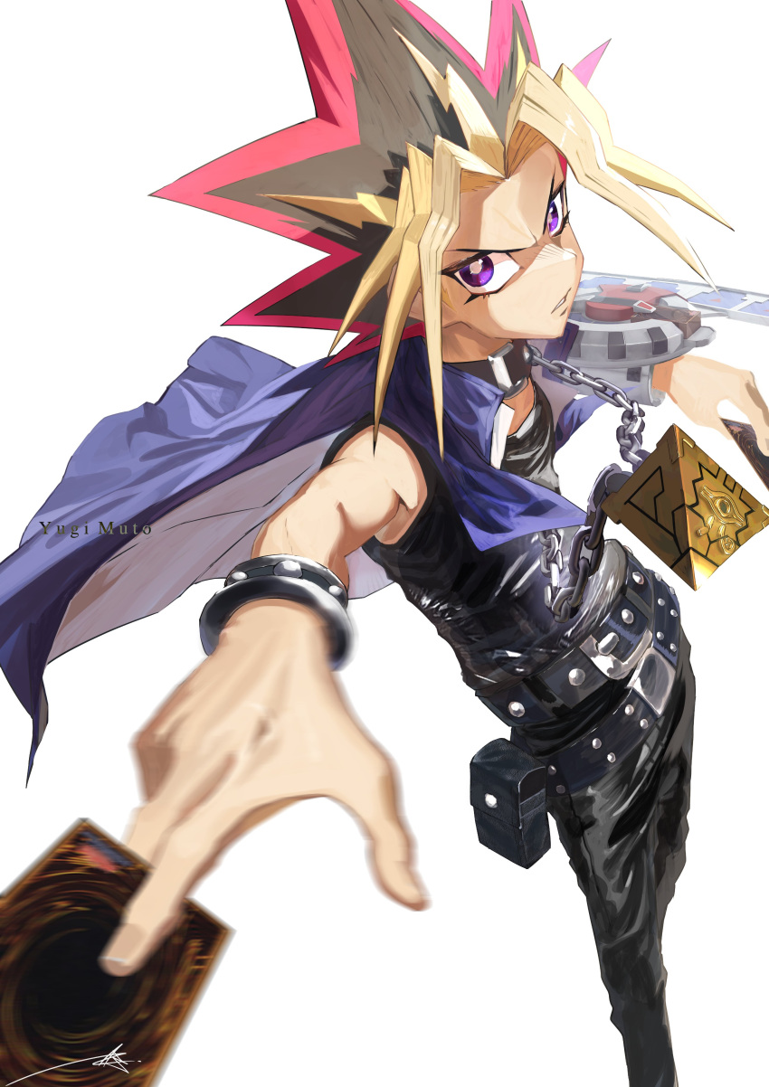 1boy absurdres belt black_hair blonde_hair card chain commentary_request dyed_bangs highres holding holding_card jacket jewelry male_focus millennium_puzzle multicolored_hair open_mouth ossan_zabi_190 pants shirt solo spiky_hair violet_eyes yami_yuugi yu-gi-oh! yu-gi-oh!_duel_monsters yuu-gi-ou yuu-gi-ou_duel_monsters