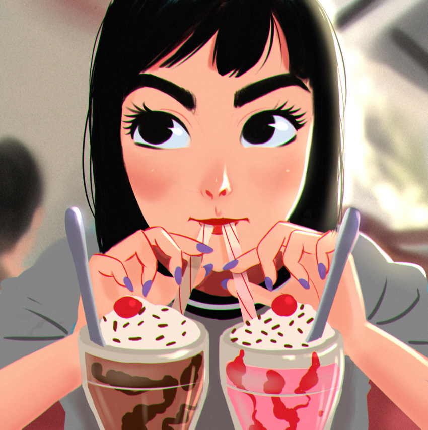 1girl bangs black_eyes black_hair character_request cherry chromatic_aberration commentary copyright_request cup drinking_straw english_commentary face fingernails food fruit grey_shirt hands highres holding holding_drinking_straw long_fingernails looking_at_viewer looking_away mz09 nail_polish nose nostrils purple_nails shirt solo