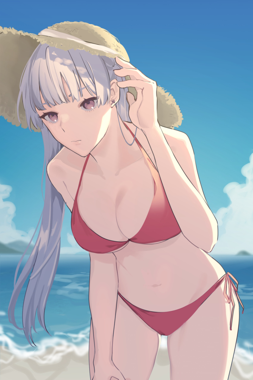 1girl bangs bare_arms bare_shoulders bikini black_clover blue_sky breasts clouds commentary cowboy_shot day grey_eyes hand_up hat highres large_breasts long_hair looking_at_viewer navel noelle_silva nyuu_(nu) outdoors red_bikini side-tie_bikini silver_hair sky solo standing stomach sun_hat swimsuit thighs