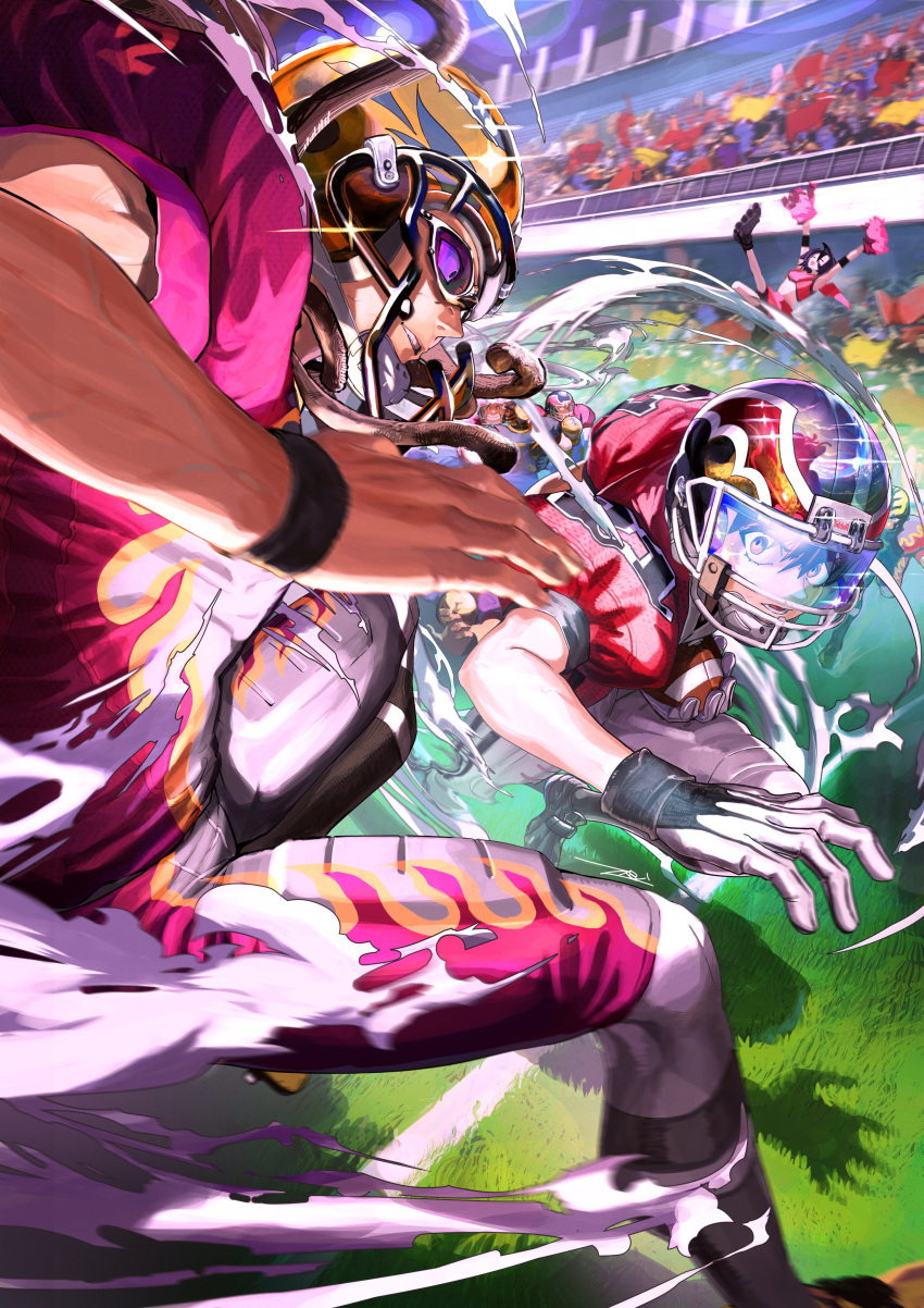 2boys absurdres american_football american_football_(object) american_football_helmet american_football_uniform ball brown_hair commentary_request crowd eyeshield_21 gloves goggles goggles_on_eyes helmet highres male_focus multiple_boys muscular muscular_male open_mouth ossan_zabi_190 smile sportswear white_gloves