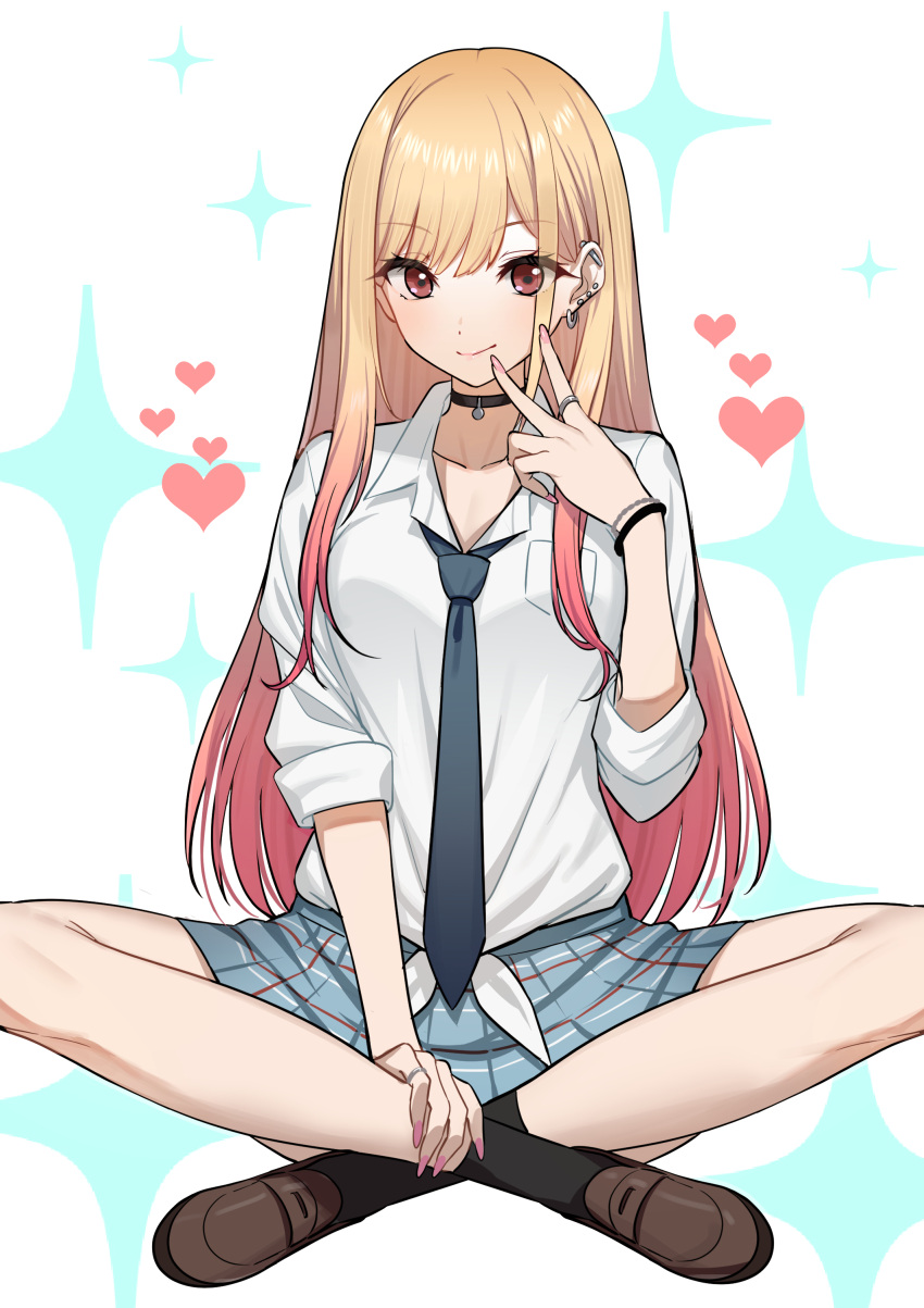 1girl absurdres bangs black_legwear blonde_hair blush breasts choker collared_shirt commentary dress_shirt earrings green322 heart highres indian_style jewelry kitagawa_marin large_breasts legs long_hair long_sleeves looking_at_viewer red_eyes ring shirt sitting skirt smile socks solo sono_bisque_doll_wa_koi_wo_suru tied_shirt v white_shirt