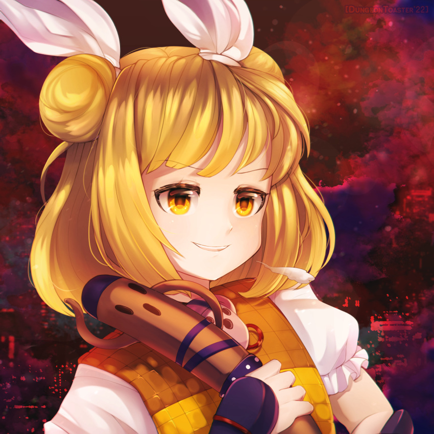 1girl arm_ribbon bangs blonde_hair bow commentary_request double_bun dress dungeon_toaster eyebrows_visible_through_hair hair_ribbon hand_on_hip hand_up highres joutouguu_mayumi looking_to_the_side open_mouth orange_dress polearm puffy_short_sleeves puffy_sleeves red_bow red_ribbon red_theme ribbon shirt short_hair short_sleeves smile solo spear teeth touhou upper_body weapon white_ribbon white_shirt yellow_eyes