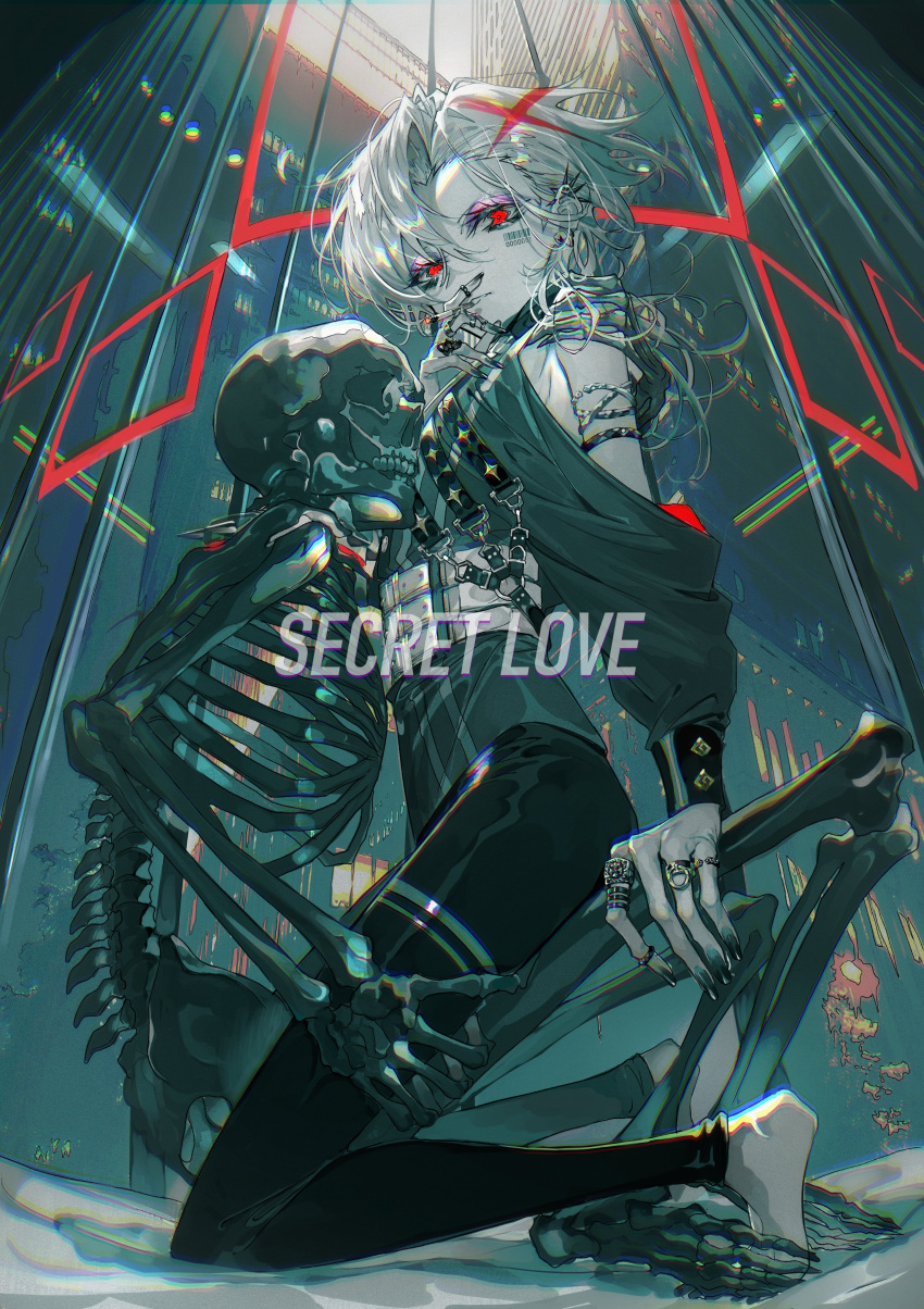 2others absurdres androgynous barcode bone closed_mouth commentary_request corpse english_text glowing glowing_eye hand_on_another's_hip highres light long_hair multiple_boys multiple_others mura_karuki original skeleton skull undead