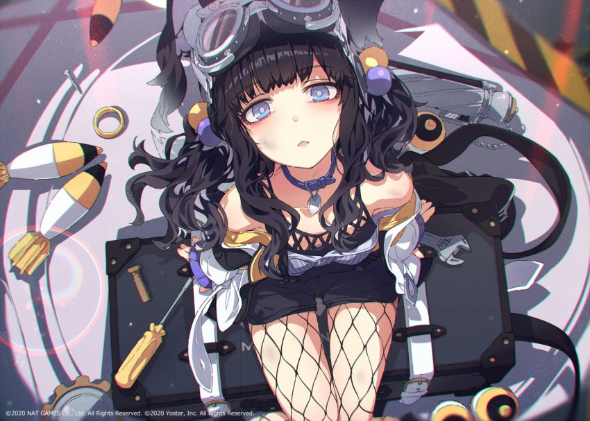 1girl ammunition animal_ears bangs black_hair blue_archive blue_eyes blush breasts collar dog_ears dog_girl dog_tail fishnet_legwear fishnets from_above gears goggles goggles_on_head hair_bobbles hair_ornament halo hibiki_(blue_archive) jacket long_hair looking_at_viewer mortar_(weapon) mortar_shell ogipote pantyhose screwdriver sitting solo tail twintails violet_eyes wrench