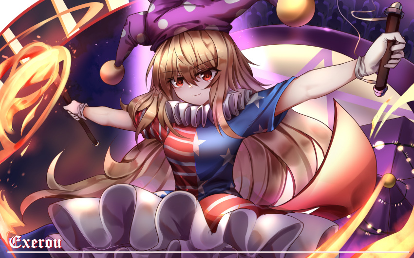 1girl absurdres american_flag_dress arms_up artist_name bangs blonde_hair blue_dress breasts closed_mouth clownpiece dress eyebrows_visible_through_hair eyes_visible_through_hair fire frills hair_between_eyes hands_up hat highres holding holding_torch jester_cap long_hair looking_at_viewer medium_breasts multicolored_clothes multicolored_dress neck_ruff no_wings polka_dot purple_background purple_headwear purple_theme red_dress red_eyes short_sleeves smile solo star_(symbol) star_print striped striped_dress top-exerou torch touhou white_dress