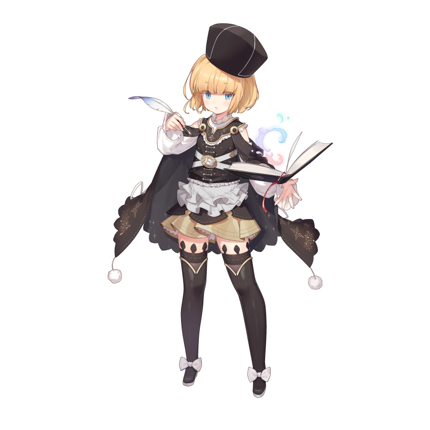 1girl absurdres artist_request bangs blonde_hair blue_eyes book dress gigi_(illusion_connect) hand_up hat highres holding holding_quill illusion_connect official_art pom_pom_(clothes) quill short_hair simple_background solo thigh-highs third-party_source transparent_background