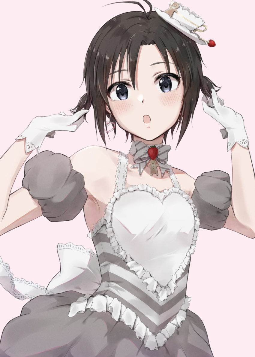 1girl :o adjusting_hair alternate_hairstyle antenna_hair armpits bangs bare_shoulders black_eyes black_hair blush bow bowtie commentary cup detached_sleeves diagonal-striped_bow dress earrings food fruit gingerbread_man gloves grey_dress grey_sleeves hair_between_eyes hat heart heart_earrings highres idolmaster idolmaster_(classic) idolmaster_2 jewelry kikuchi_makoto looking_at_viewer mini_hat mogskg open_mouth pink_background puffy_short_sleeves puffy_sleeves saucer short_hair short_sleeves simple_background solo strawberry teacup teatime_happiness_(idolmaster) twintails_day two_side_up white_bow white_bowtie white_gloves