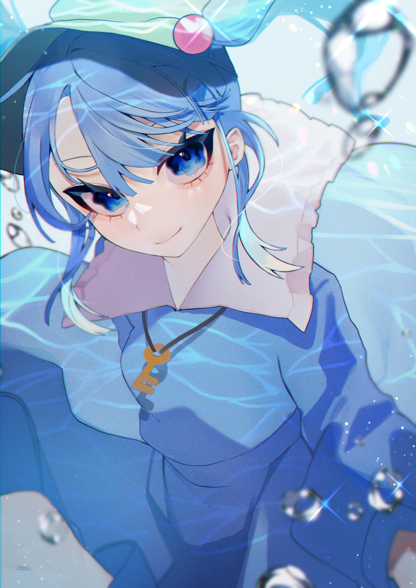 1girl absurdres arms_up bangs blue_dress blue_eyes blue_hair blue_theme breasts closed_mouth collared_dress commentary_request dress eyebrows_visible_through_hair green_headwear hair_between_eyes hair_bobbles hair_ornament hands_up hat highres jewelry kappa_mame kawashiro_nitori key_necklace long_sleeves looking_at_viewer medium_breasts necklace puffy_long_sleeves puffy_sleeves short_hair short_twintails smile solo touhou twintails underwater water
