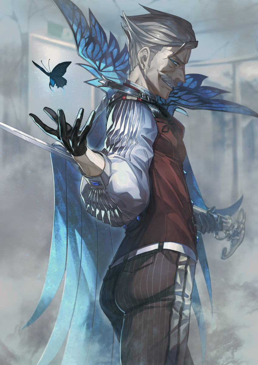 1boy absurdres blue_eyes bug butterfly commentary_request facial_hair fate/grand_order fate_(series) formal gloves grey_hair highres james_moriarty_(fate) long_sleeves male_focus mature_male mustache open_mouth shirt short_hair smile solo suzuki_rui vest