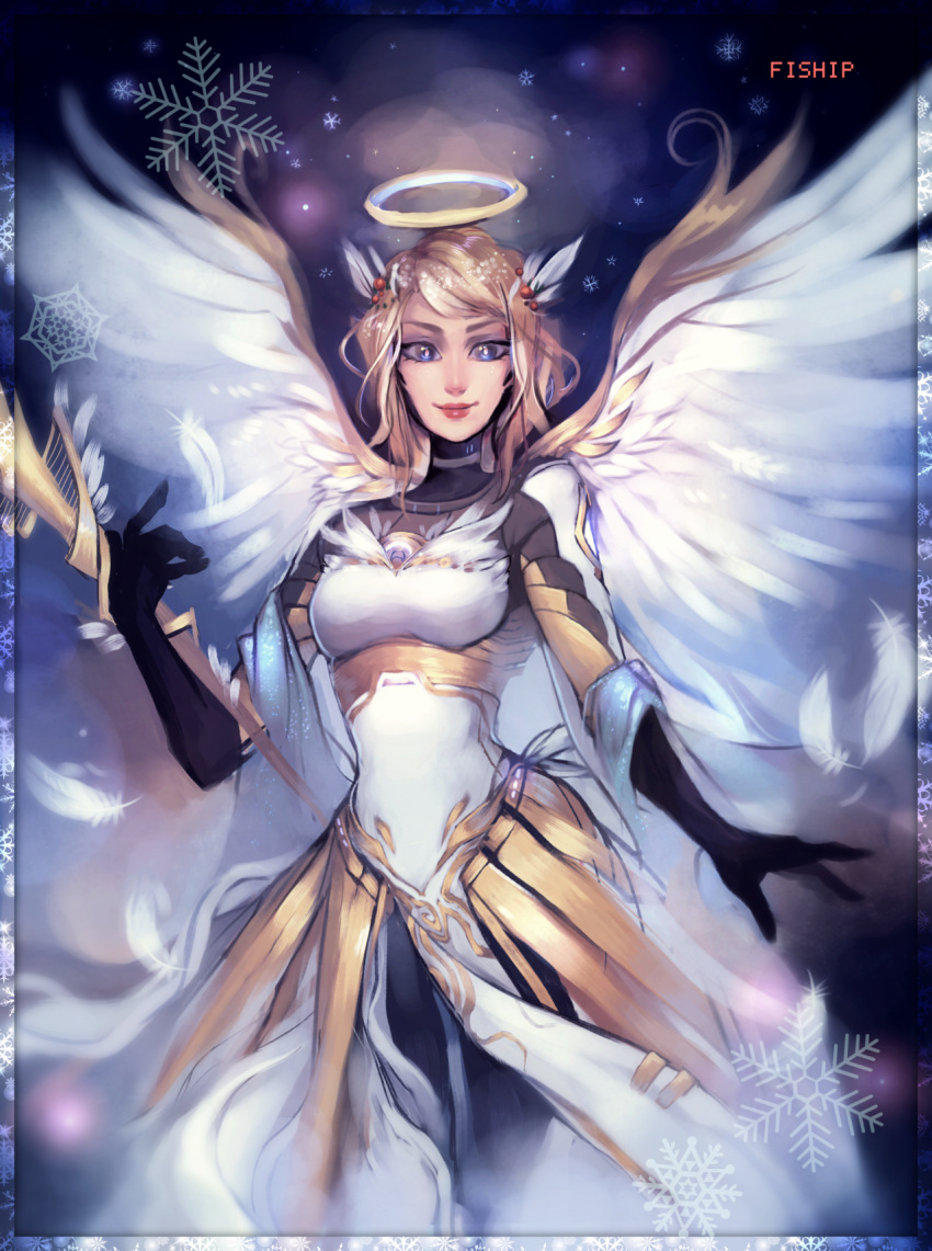1girl artist_name black_gloves blue_eyes bright_pupils closed_mouth gloves halo highres lipstick looking_at_viewer makeup matilda_fiship mercy_(overwatch) overwatch red_lips smile solo spread_wings white_pupils