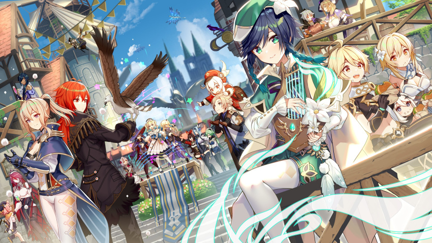 6+boys 6+girls aether_(genshin_impact) ahoge akusema albedo_(genshin_impact) amber_(genshin_impact) animal_ears asymmetrical_legwear bangs barbara_(genshin_impact) bare_shoulders barrel belt bennett_(genshin_impact) bird black_coat black_gloves blonde_hair blue_hair blue_sky blurry blurry_background boots braid breasts brother_and_sister brown_shorts building burger cabbie_hat cat_ears cat_tail church closed_eyes clouds coat cup dark-skinned_male dark_skin day diluc_(genshin_impact) diona_(genshin_impact) dragon dress dvalin_(genshin_impact) earrings eating eyebrows_visible_through_hair eyepatch fischl_(genshin_impact) flower food frilled_sleeves frills full_body garter_straps genshin_impact gloves goggles goggles_around_neck gradient_hair green_eyes green_hair habit hair_flower hair_ornament hairband hat hawk high_ponytail highres holding holding_cup jewelry kaeya_(genshin_impact) ladder large_breasts lisa_(genshin_impact) long_hair long_sleeves looking_at_viewer lumine_(genshin_impact) lyre mismatched_legwear mona_(genshin_impact) multicolored_hair multiple_boys multiple_girls musical_note navel noelle_(genshin_impact) open_mouth outdoors paimon_(genshin_impact) pants pantyhose pink_hair pointy_ears profile razor_(genshin_impact) red_flower red_headwear red_rose rosaria_(genshin_impact) rose shiny shiny_hair short_hair_with_long_locks short_shorts shorts siblings single_earring sitting sky standing star_(symbol) sucrose_(genshin_impact) swept_bangs tail teeth thigh-highs thigh_boots twin_braids two_side_up upper_teeth venti_(genshin_impact) white_dress white_pants windmill witch_hat yellow_eyes