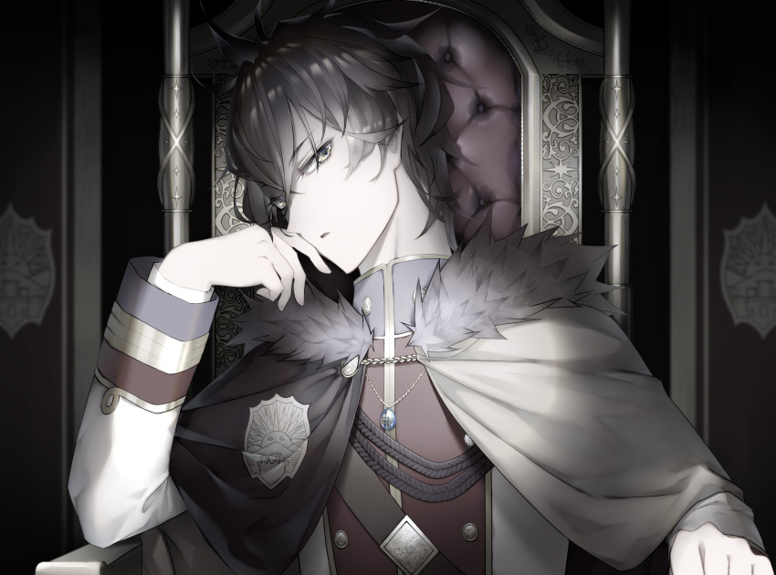 1boy black_clover black_hair brown_hair buttons capelet chain cross elbow_rest expressionless frit_2 fur_trim golden_dawn_(emblem) hair_between_eyes head_rest high_collar highres insignia jewelry leaning_to_the_side long_bangs looking_at_viewer male_focus messy_hair military_jacket necklace parted_lips pendant robe short_hair shoulder_strap solo star_(symbol) throne yellow_eyes yuno_(black_clover)