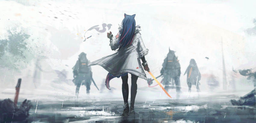 2girls animal_ears arknights backlighting black_gloves black_legwear blue_hair cigarette coat english_text franlol from_behind full_body fur-trimmed_coat fur_trim gloves hammer highres holding holding_sword holding_weapon long_sleeves mudrock_(arknights) multicolored_hair multiple_girls official_alternate_costume open_clothes open_coat pantyhose puddle redhead reunion_soldier_(arknights) smoke solo_focus standing sword tail texas_(arknights) texas_(winter_messenger)_(arknights) tossing two-tone_hair walking weapon white_coat wolf_ears wolf_girl wolf_tail