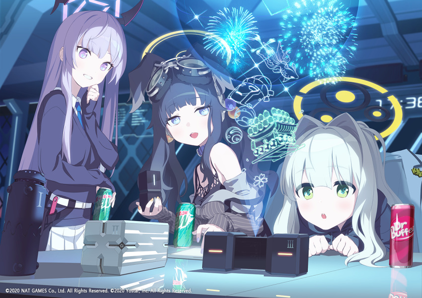 3girls animal_ears bangs bare_shoulders black_hair blue_archive blue_eyes blush breasts can collared_shirt commentary_request dog_ears eyebrows_visible_through_hair fireworks goggles green_eyes hair_ornament halo hare_(blue_archive) headgear hibiki_(blue_archive) hologram jacket long_hair long_sleeves looking_at_viewer medium_breasts mimitoke multiple_girls necktie official_art open_mouth parted_lips shirt silver_hair sleeveless sleeves_past_wrists smile soda_can utaha_(blue_archive) very_long_hair violet_eyes white_shirt