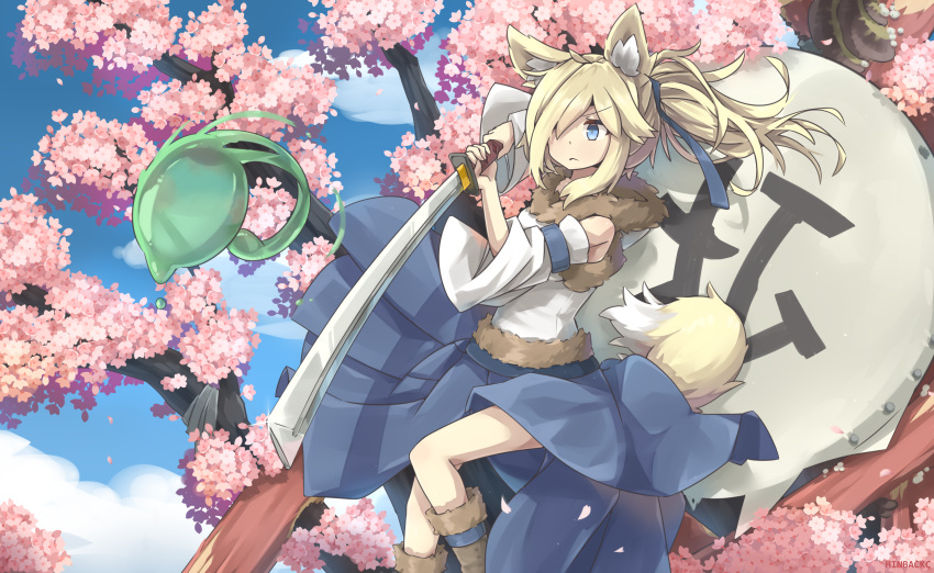 1girl :&lt; absurdres ahoge animal_ear_fluff animal_ears bangs bare_shoulders blonde_hair blue_eyes blue_skirt blue_sky boots brown_footwear cherry_blossoms clouds cloudy_sky day detached_sleeves eyebrows_visible_through_hair fox_ears fox_girl fox_tail fur-trimmed_shirt fur_trim hair_over_one_eye hair_over_shoulder highres hinbackc holding holding_sword holding_weapon katana long_hair long_skirt long_sleeves original outdoors pleated_skirt ponytail scenery shirt signature skirt sky solo sword tail tail_raised weapon white_shirt white_sleeves wide_sleeves