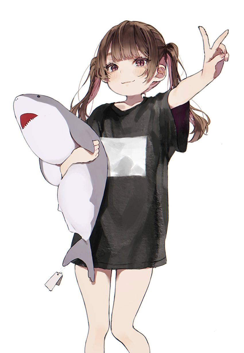 1girl absurdres arm_up bangs black_shirt blush brown_hair commentary_request daluto_(hitomi555) fingernails highres holding holding_stuffed_toy long_hair looking_at_viewer mole mole_under_eye multicolored_hair original pink_eyes pink_hair shark shirt short_sleeves solo standing stuffed_animal stuffed_toy t-shirt twintails two-tone_hair v wide_sleeves