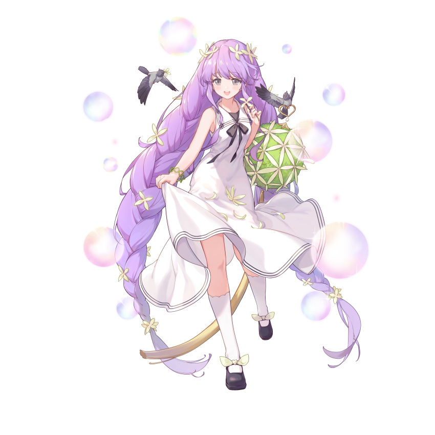 1girl absurdres bangs bird braid dress flower grey_eyes hair_flower hair_ornament hand_up highres holding holding_flower illusion_connect jasmine_(illusion_connect) long_hair mary_janes official_art open_mouth purple_hair shoes simple_background smile socks solo standing standing_on_one_leg third-party_source transparent_background twin_braids very_long_hair white_dress