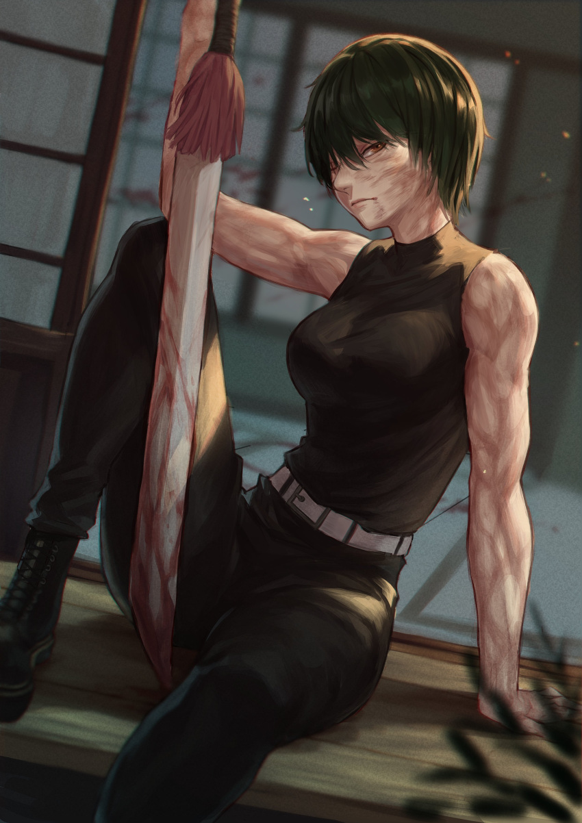 1girl absurdres angusbeef30 bare_arms bare_shoulders belt black_pants blood blood_on_weapon boots brown_eyes closed_mouth combat_boots dark_green_hair english_commentary highres holding holding_weapon jujutsu_kaisen one_eye_closed pants scar scar_across_eye scar_on_arm scar_on_face short_hair sitting sleeveless solo spoilers sword toned weapon zen'in_maki