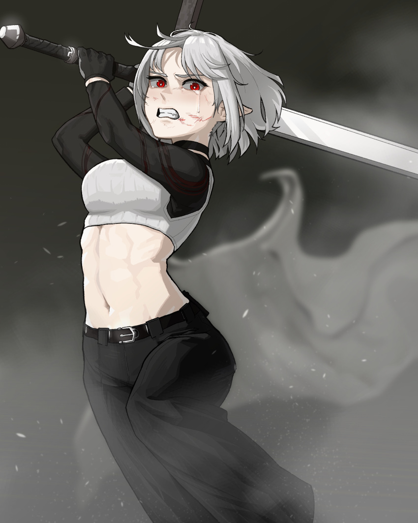 1girl absurdres arms_up belt belt_buckle black_choker black_gloves buckle choker clenched_teeth crying crying_with_eyes_open dust_cloud gloves grey_hair grey_pupils highres holding holding_sword holding_weapon incoming_attack injury insact9704 light_particles medium_hair midriff navel original pointy_ears red_eyes rooh_(insact) rusellunt scratches solo sword tears teeth toned weapon zweihander