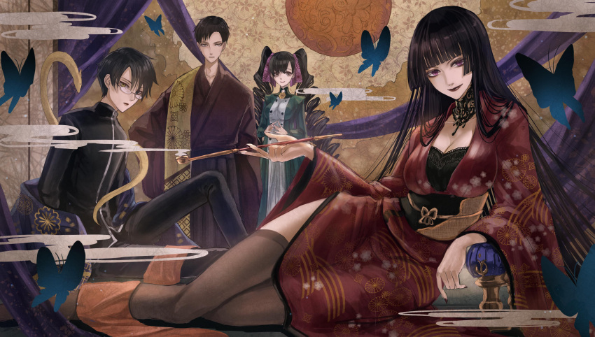 2boys 2girls absurdres bug butterfly butterfly_wings clamp_(style) commentary_request eyewear_on_head hair_between_eyes highres japanese_clothes kimono long_hair looking_at_viewer multiple_boys multiple_girls pants pipe shinna_008 short_hair solo_focus wings xxxholic