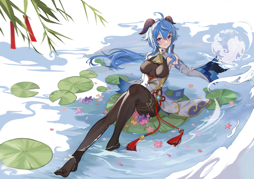 absurdres ahoge bangs bare_shoulders bell black_gloves black_legwear blue_hair blush breasts chinese_knot detached_sleeves eyebrows_visible_through_hair flower flower_knot full_body ganyu_(genshin_impact) genshin_impact gloves gold_trim highres horns light_smile lily_pad long_hair looking_at_viewer low_ponytail medium_breasts neck_bell orb paradox qilin_(mythology) red_rope rope sidelocks sitting solo tassel thighlet violet_eyes vision_(genshin_impact) waist_cape wet wet_clothes white_sleeves