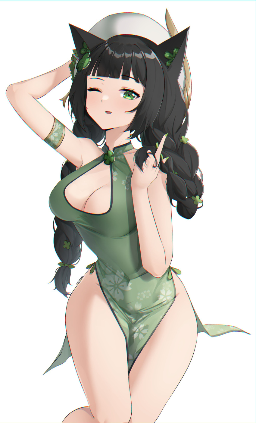 1girl absurdres animal_ears arm_up armband armpits bangs bare_legs bare_shoulders beret black_hair blunt_bangs braid breasts cat_ears china_dress chinese_clothes cleavage_cutout clothing_cutout clover dress four-leaf_clover gold_trim green_dress green_eyes hair_ornament hand_up hat highres long_hair looking_at_viewer medium_breasts nail_polish no_panties one_eye_closed original parted_lips pelvic_curtain simple_background sleeveless sleeveless_dress solo steeb thighs twin_braids twintails white_background white_headwear