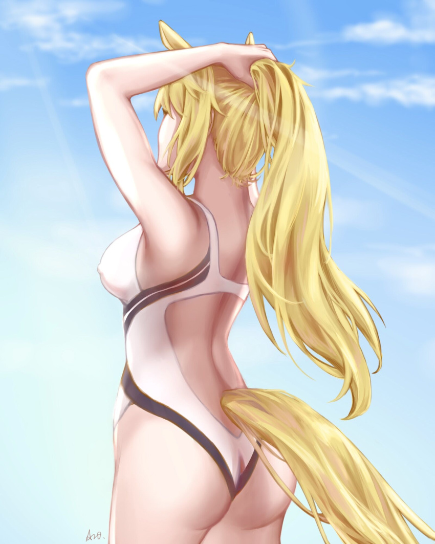 1girl animal_ears arknights arm_up ass bare_arms bare_shoulders blonde_hair blue_sky breasts clouds commentary cowboy_shot day from_behind highres horse_ears large_breasts long_hair nearl_(arknights) nitric_acid_(nitrate2002) one-piece_swimsuit outdoors ponytail sky solo standing swimsuit tail very_long_hair white_swimsuit