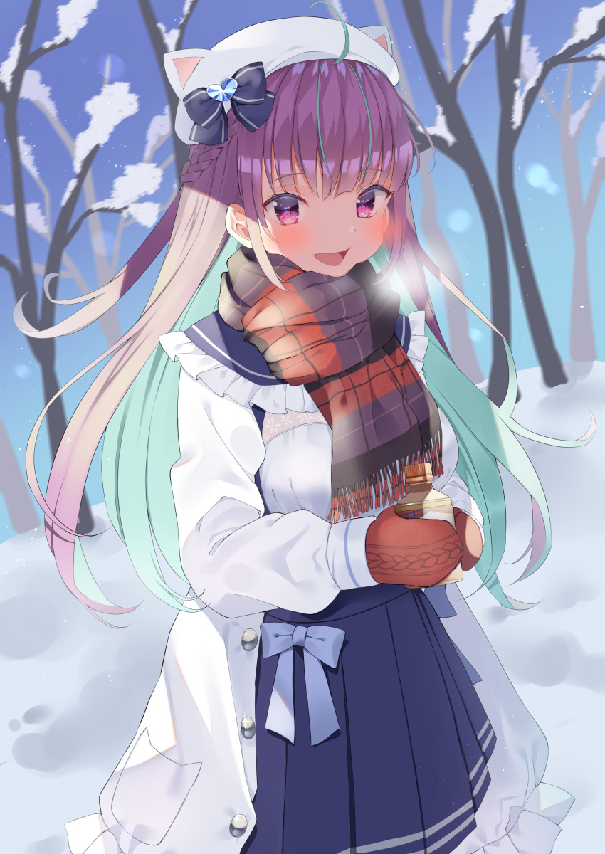 1girl :d absurdres animal_ears bangs bare_tree blue_bow blue_hair blue_skirt blush bottle bow braid colored_inner_hair commentary eyebrows_visible_through_hair fake_animal_ears frilled_shirt_collar frills hat hat_bow heart highres holding holding_bottle hololive jacket long_hair long_sleeves looking_at_viewer minato_aqua multicolored_hair mymerody4649 open_clothes open_jacket outdoors pink_eyes pink_hair pleated_skirt red_mittens scarf shirt skirt smile snow solo striped striped_scarf symbol-only_commentary tree virtual_youtuber white_headwear white_jacket white_shirt
