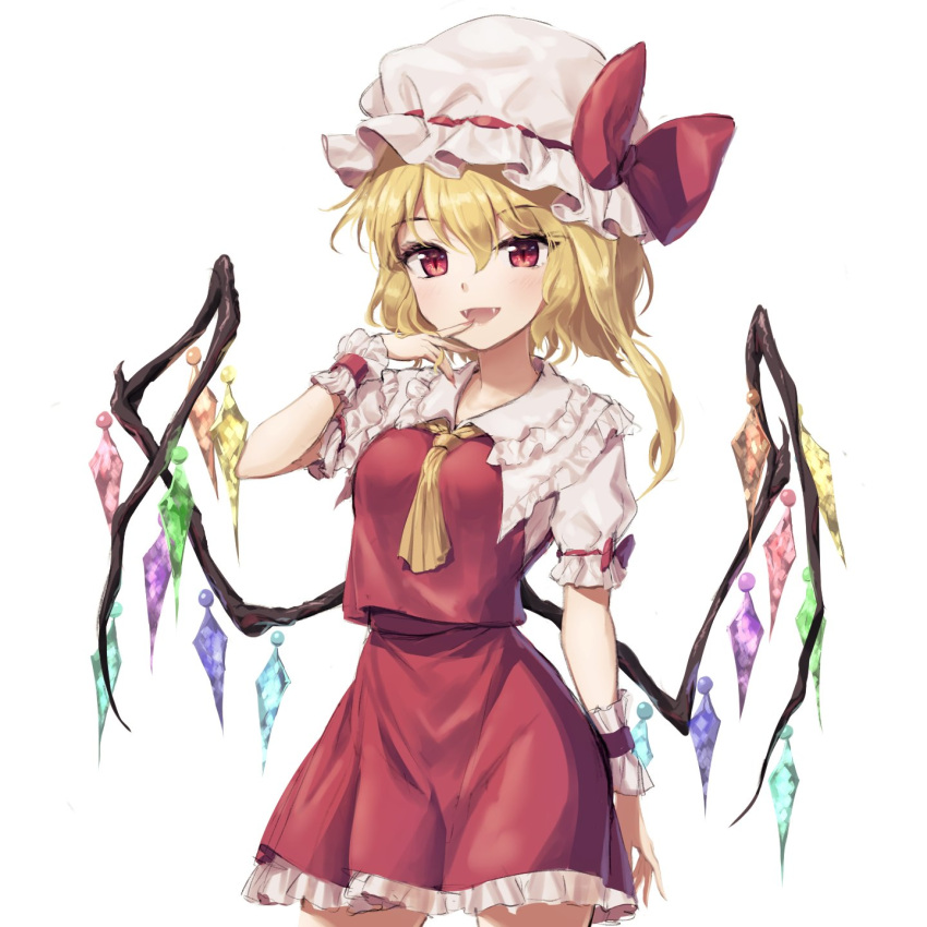 1girl :d ascot bangs banned_artist blonde_hair blush bow breasts commentary_request crystal duplicate eyebrows_visible_through_hair eyelashes fangs finger_to_mouth flandre_scarlet frilled_shirt_collar frilled_skirt frills hat hat_ribbon heart heart_of_string highres index_finger_raised looking_at_viewer minust mob_cap multicolored_wings one_side_up open_mouth petticoat puffy_short_sleeves puffy_sleeves red_eyes red_ribbon red_skirt red_vest ribbon shiny shiny_hair shirt short_hair short_hair_with_long_locks short_sleeves side_ponytail simple_background skirt small_breasts smile solo standing touhou vest white_background white_headwear white_shirt wings wrist_cuffs yellow_ascot