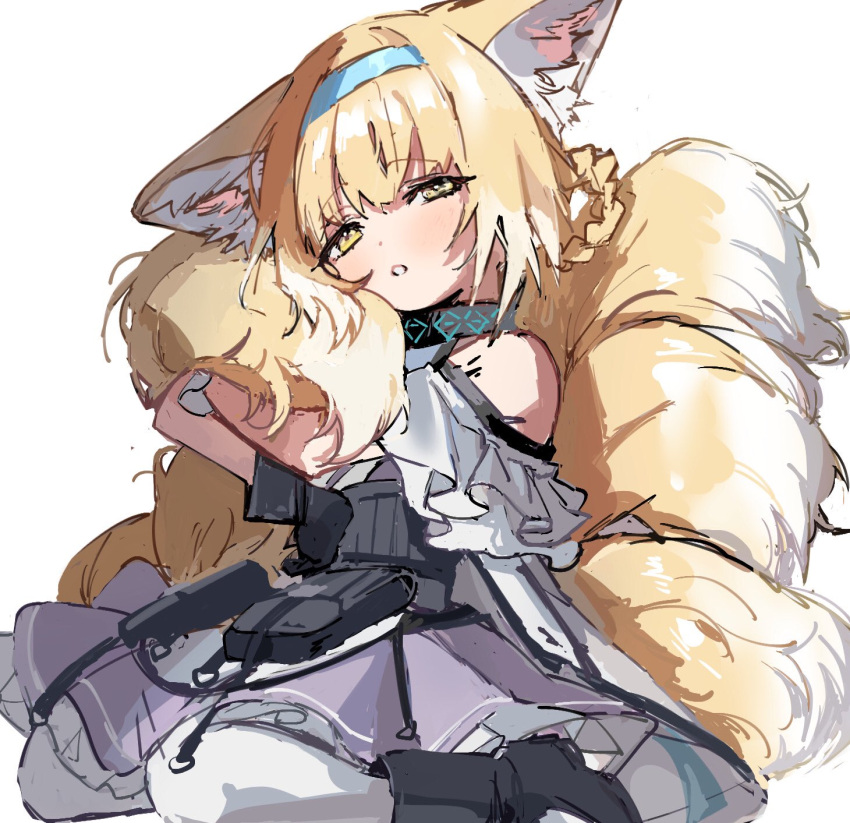 1girl :o animal_ears arknights bangs bare_shoulders black_footwear blonde_hair blue_hairband blush boots braid collar eyebrows_visible_through_hair fox_ears fox_girl fox_tail green_eyes hairband highres infection_monitor_(arknights) knee_boots looking_at_viewer multiple_tails na_tarapisu153 oripathy_lesion_(arknights) pantyhose parted_lips purple_skirt short_hair simple_background sitting skirt solo suzuran_(arknights) tail tail_hug wariza white_background white_legwear